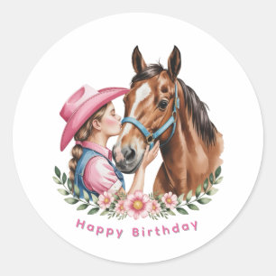 Roze Cowgirl die een Paard kust Verjaardagsfeestje Ronde Sticker