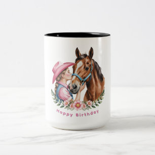 Roze Cowgirl die een Paard kust Verjaardagsfeestje Tweekleurige Koffiemok