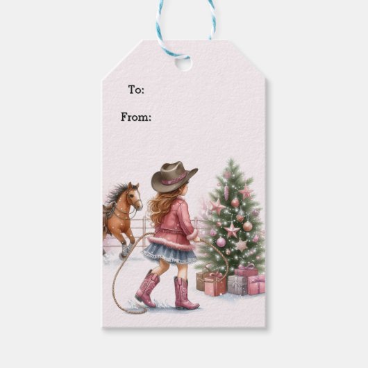 Roze Cowgirl die Kerstmis lasso't  Cadeaulabel (Voorkant)