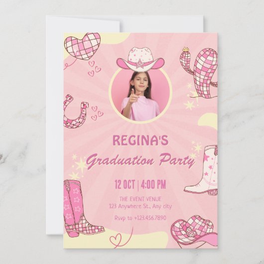Roze cowgirl disco foto afstuderen kaart (Voorkant)