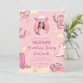 Roze cowgirl disco foto verjaardag kaart (Staand voorkant)