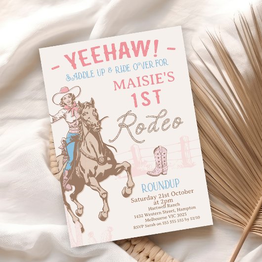  roze cowgirl eerste rodeo 1e verjaardag kaart