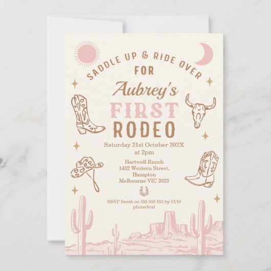  roze cowgirl eerste rodeo 1e verjaardag kaart (Voorkant)