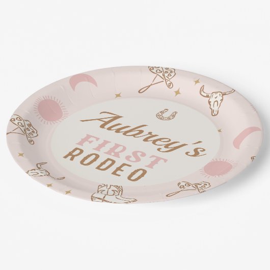  roze cowgirl eerste rodeo 1e verjaardag papieren bordje (Gekanteld)
