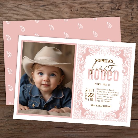 Roze Cowgirl Eerste Rodeo Fotouitnodiging – Wester Kaart
