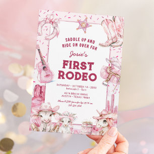 Roze Cowgirl Eerste Rodeo Verjaardagsuitnodiging Kaart