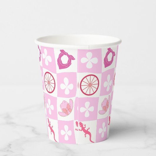 Roze Cowgirl Geruit met Bloem Papieren Bekers (Rechts)