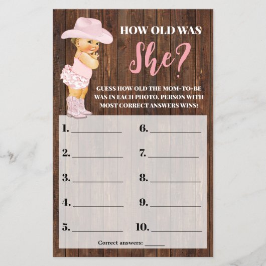 Roze Cowgirl Hoe oud was ze Baby Shower Spel Flyer (Voorkant)