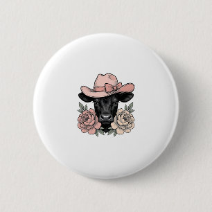 Roze Cowgirl Kalf met Pioenrozen Vintage Vector_1 Ronde Button 5,7 Cm