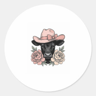 Roze Cowgirl Kalf met Pioenrozen Vintage Vector_1 Ronde Sticker
