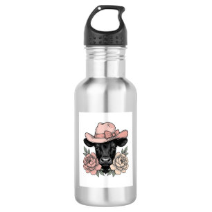 Roze Cowgirl Kalf met Pioenrozen Vintage Vector_1 Waterfles