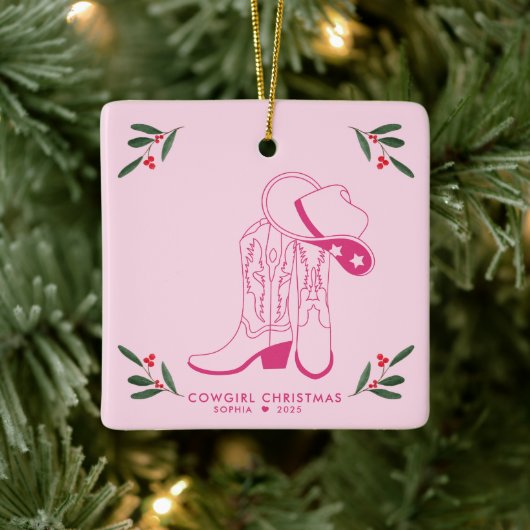 Roze Cowgirl Kerst Schattigee cowboylaarzen Keramisch Ornament (Boom)