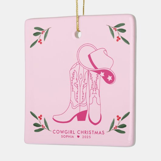 Roze Cowgirl Kerst Schattigee cowboylaarzen Keramisch Ornament (Links)