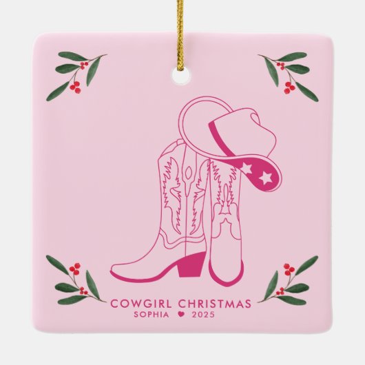 Roze Cowgirl Kerst Schattigee cowboylaarzen Keramisch Ornament (Achterkant)