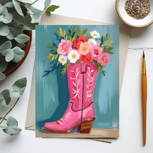 Roze Cowgirl Laars Bloem Boeket Waterverf Briefkaart