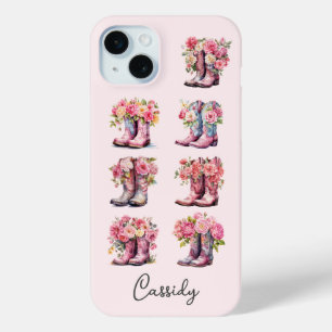 Roze Cowgirl Laarzen met Bloemen Monogram iPhone 15 Mini Hoesje