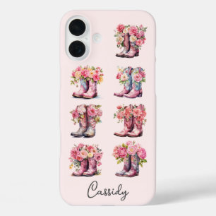 Roze Cowgirl Laarzen met Gebloemde Initialen iPhone 16 Plus Hoesje