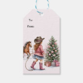 Roze Cowgirl Lassoing Kerstmis Cadeaulabel (Voorkant)