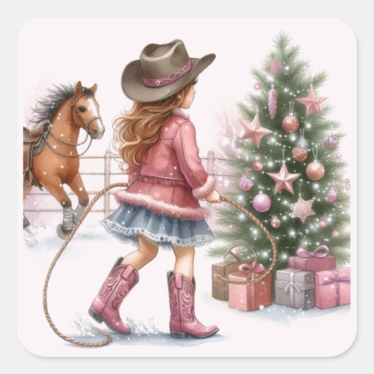 Roze Cowgirl Lassoing Kerstmis Vierkante Sticker (Voorkant)