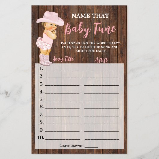 Roze Cowgirl Name dat Baby Tune Shower Game Kaart (Voorkant)