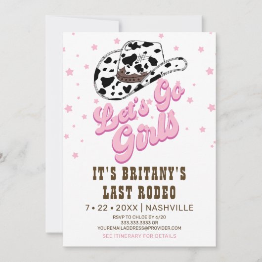 Roze Cowgirl Nashville Let's Go Meisjes Bacheloret Kaart (Voorkant)