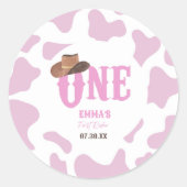 Roze Cowgirl ONE Eerste Rodeo 1e Verjaardagsfeest Ronde Sticker (Voorkant)