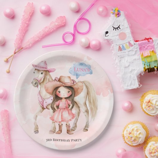 Roze Cowgirl Paard 00ste Verjaardagsfeest Papieren Bordje (Feest)