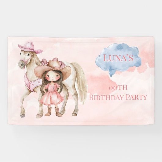 Roze Cowgirl Paard 00ste Verjaardagsfeest Spandoek (Horizontaal)