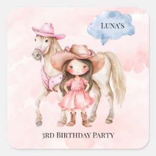 Roze Cowgirl Paard 00ste Verjaardagsfeest Vierkante Sticker