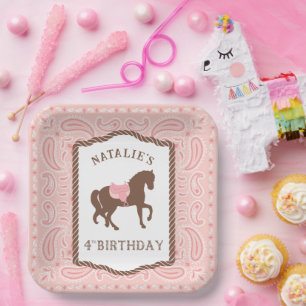 Roze Cowgirl   Paarden Silhouette 4th Birthday Papieren Bordje