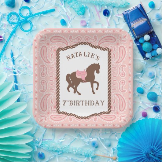 Roze Cowgirl | Paarden Silhouette 7th Birthday Papieren Bordje (Feest)