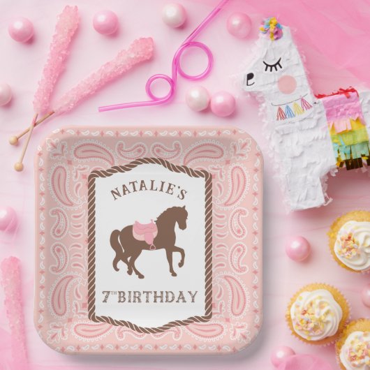 Roze Cowgirl | Paarden Silhouette 7th Birthday Papieren Bordje (Feest)