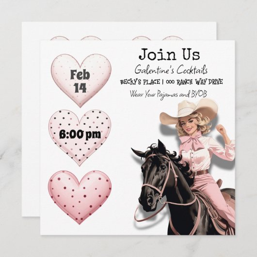 Roze Cowgirl Retro Galentine's Day-feestje Feestdagenkaart (Voorkant / Achterkant)