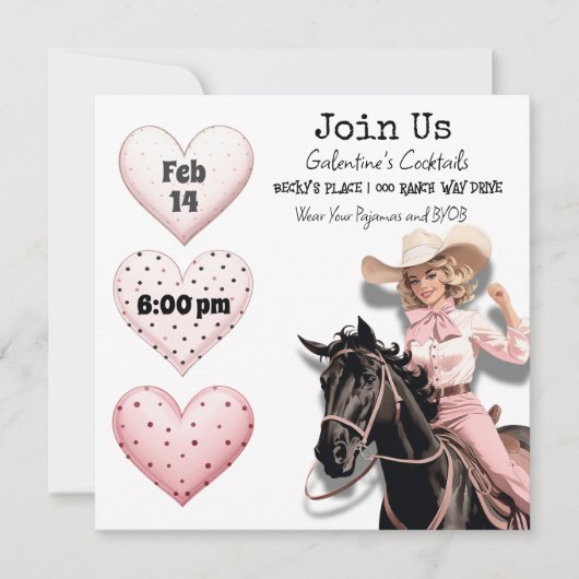 Roze Cowgirl Retro Galentine's Day-feestje Feestdagenkaart (Voorkant)