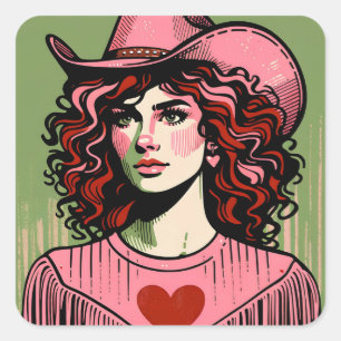 Roze Cowgirl Rodeo Diva Glamoureus Hart Vierkante Sticker