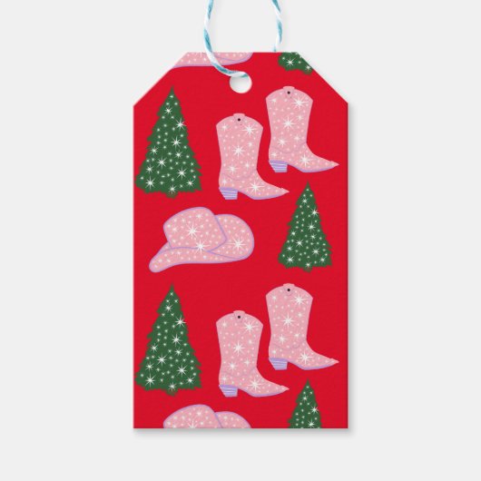 Roze Cowgirl Rodeo Pet Kerstboom Rood Cadeaulabel (Voorkant)