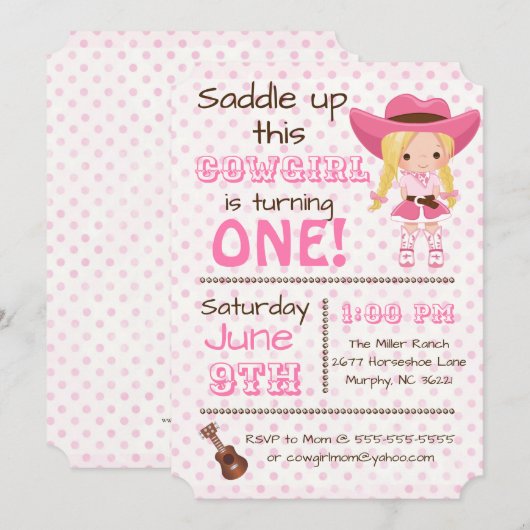 Roze Cowgirl Uitnodiging (Voorkant / Achterkant)