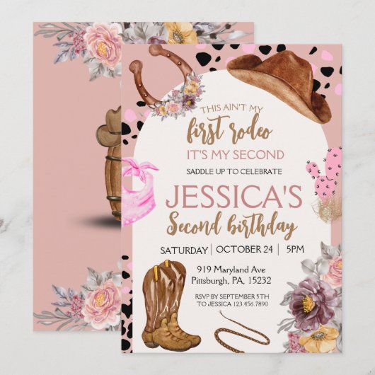 Roze Cowgirl Verjaardag 2e Rodeo meisje Party Kaart (Voorkant / Achterkant)