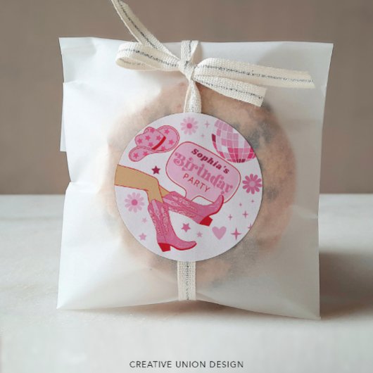 Roze Cowgirl Verjaardagsfeest Let's Go Girls Favor Ronde Sticker