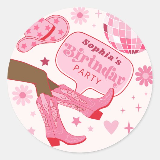 Roze Cowgirl Verjaardagsfeest Let's Go Girls Favor Ronde Sticker (Voorkant)