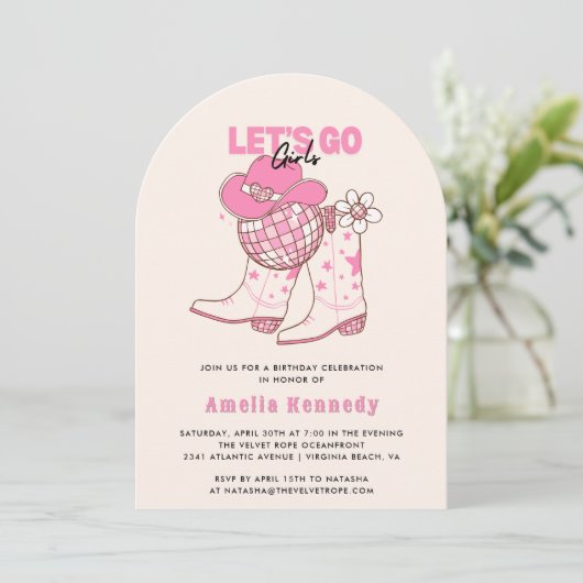 Roze Cowgirl verjaardagsfeestje laat meisjes retro Kaart (Staand voorkant)