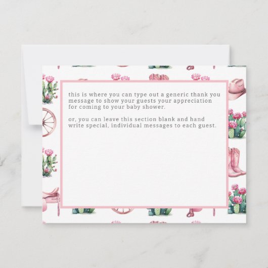 Roze Cowgirl Western Cactus Baby shower Bedankkaart (Achterkant)