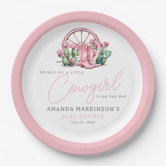 Roze Cowgirl Western Cactus Baby shower Papieren Bordje (Voorkant)