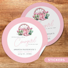 Roze Cowgirl Western Cactus Baby shower Ronde Sticker