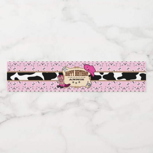 Roze Cowgirl, Western verjaardagsfeestje Waterfles Etiket (Enkel label)