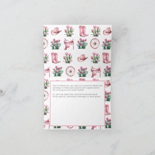 Roze Cowgirl Westerne Cactus Baby shower vouwen Bedankkaart (Binnen)