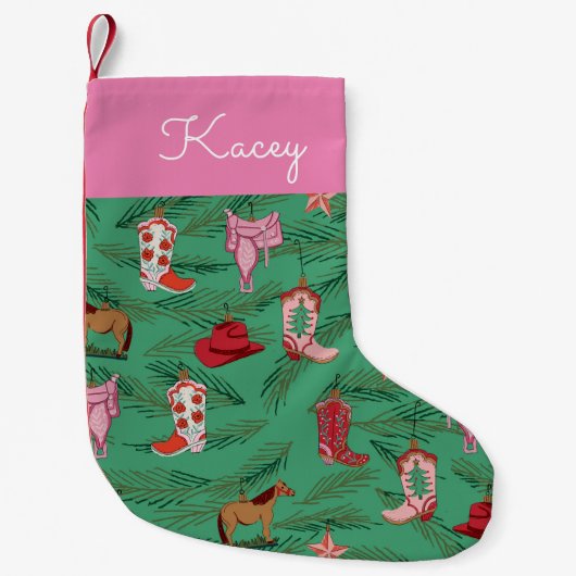 Roze Cowgirl Yeehaw Kerstmis stoppen Kleine Kerstsok (Voorkant)