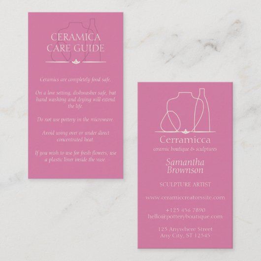 Roze Craft Pottery Clay Ceramic Care Instructions Visitekaartje (Voorkant / Achterkant)