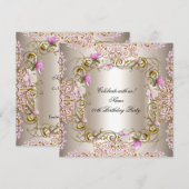 Roze Cream Damask Gold Flowers Birthday Party Kaart (Voorkant / Achterkant)