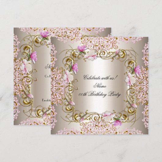 Roze Cream Damask Gold Flowers Birthday Party Kaart (Voorkant / Achterkant)